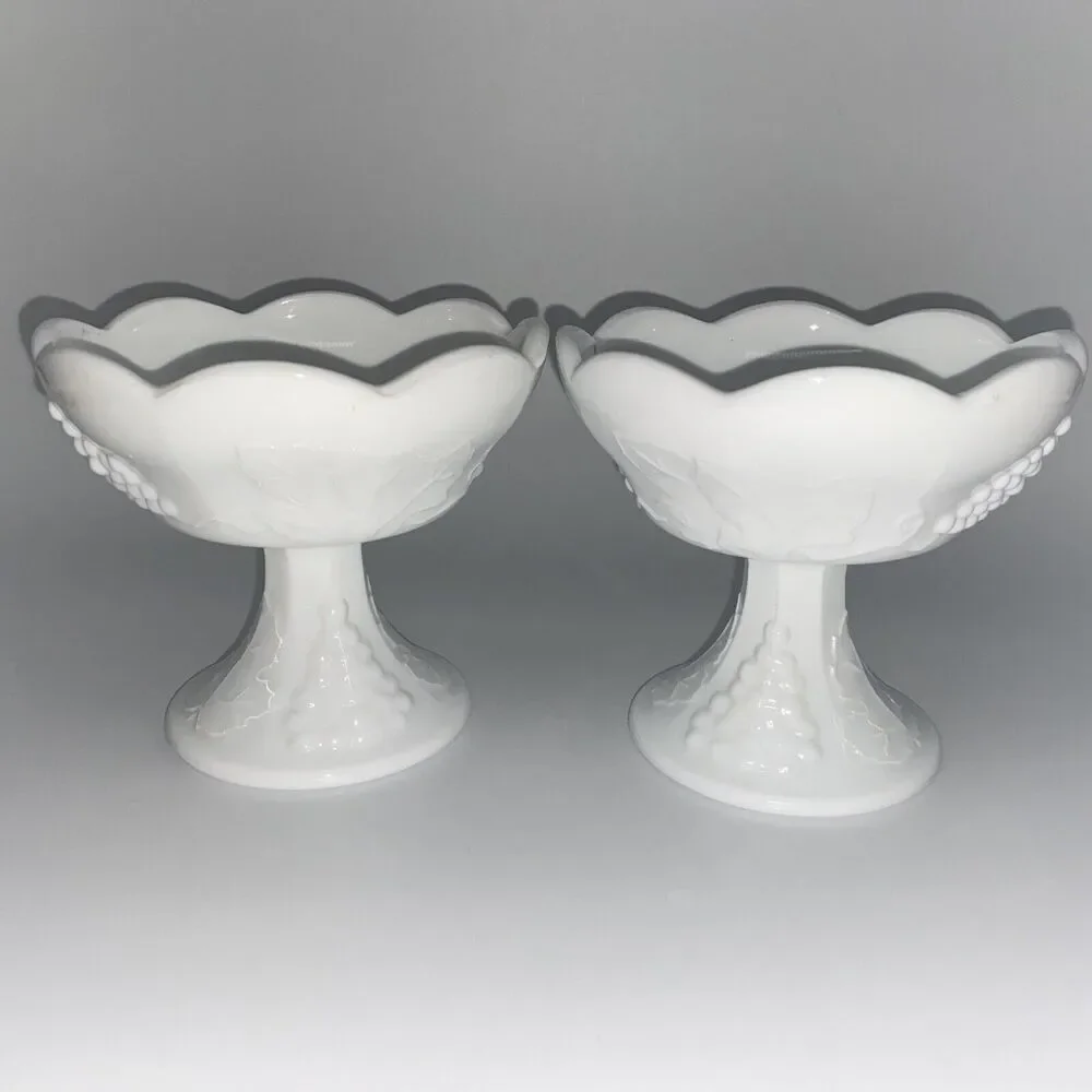 Pair of Vintage Indiana Colony Harvest Grape Milk Glass Pedestal Candle Holder